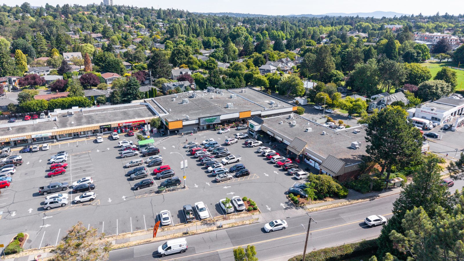Aerial view of Fairfield Plaza shopping centre with Thrifty Foods and local shops